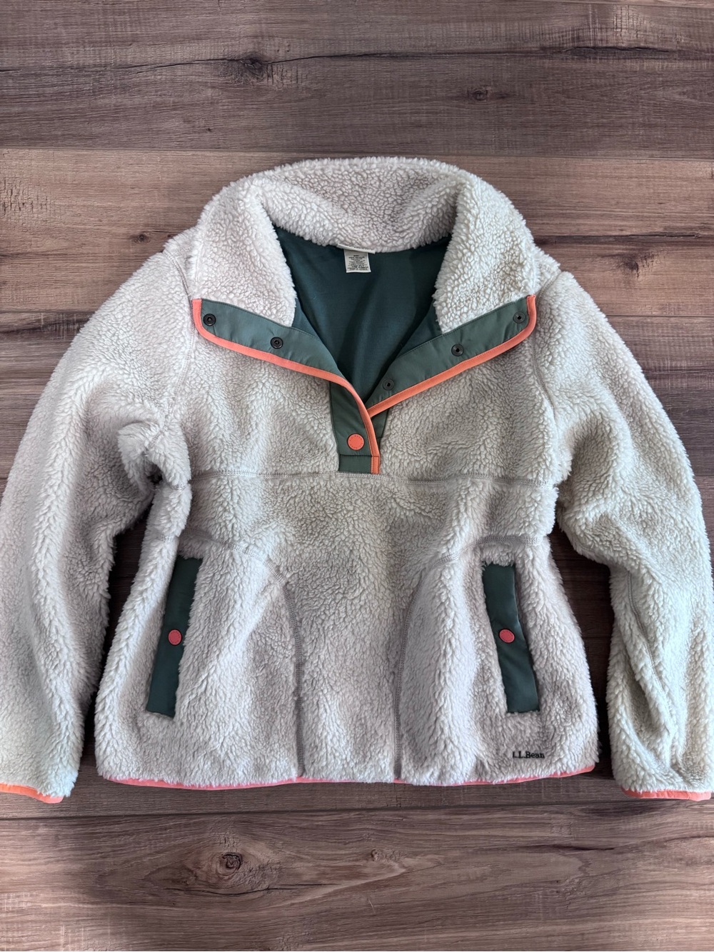 L.L. Bean Cream Sherpa Snap Pullover with Olive and Coral Accents